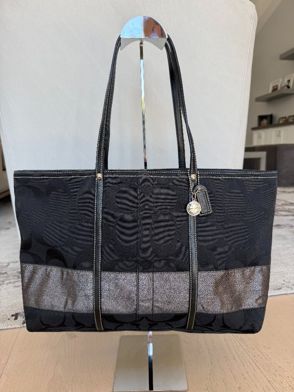 Coach Vintage Black Signature Metallic Stripe Tote Bag (Style: 11099)